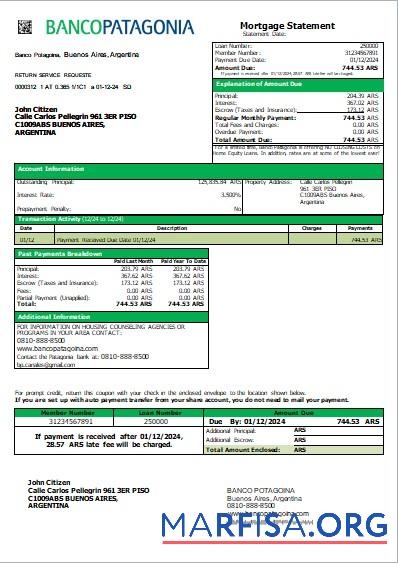 Printable Argentina Banco Patagonia bank mortgage statement scr real example